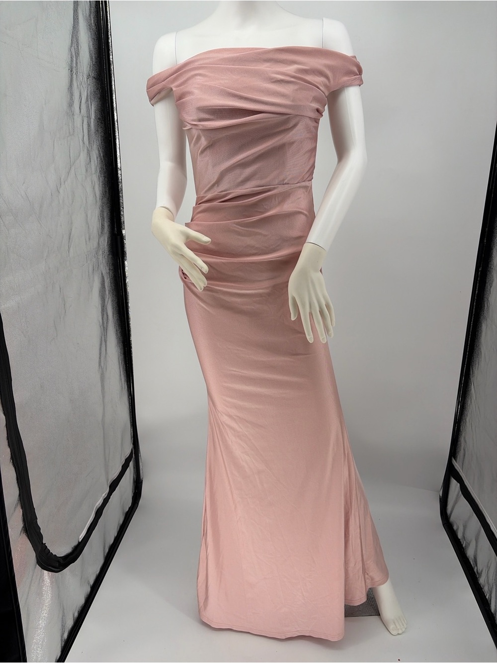 SHEIN Off-Shoulder Dusty Pink Ruched Evening Dress